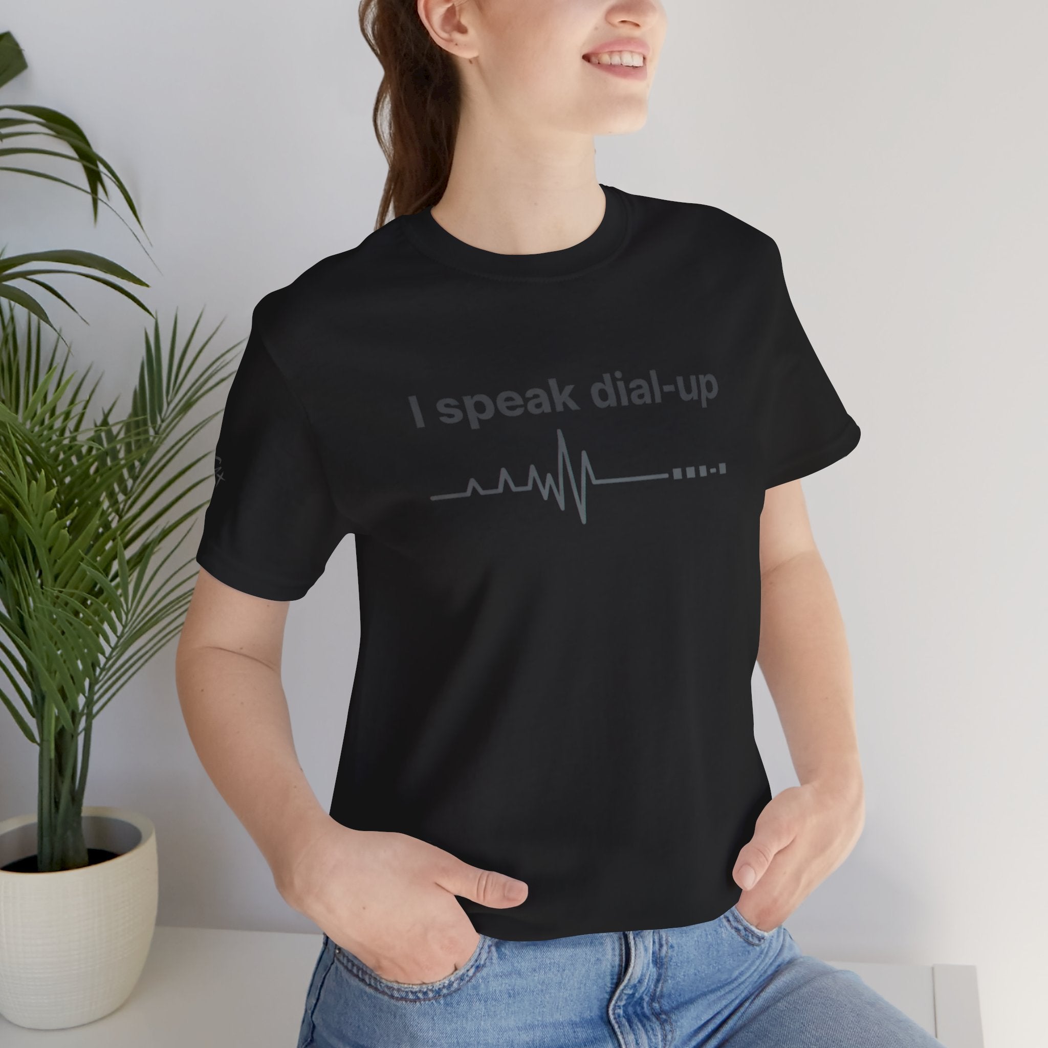 "I Speak Dial-Up" T-Shirt | Retro Tech Humor Tee | Nostalgia Computer Gift | Branded s1+ Sleeve Logo