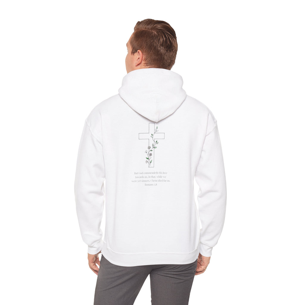 Romans 5:8 Cross and Vine Hoodie | Season1+ Christian Scripture Pullover | Christ Died For Us