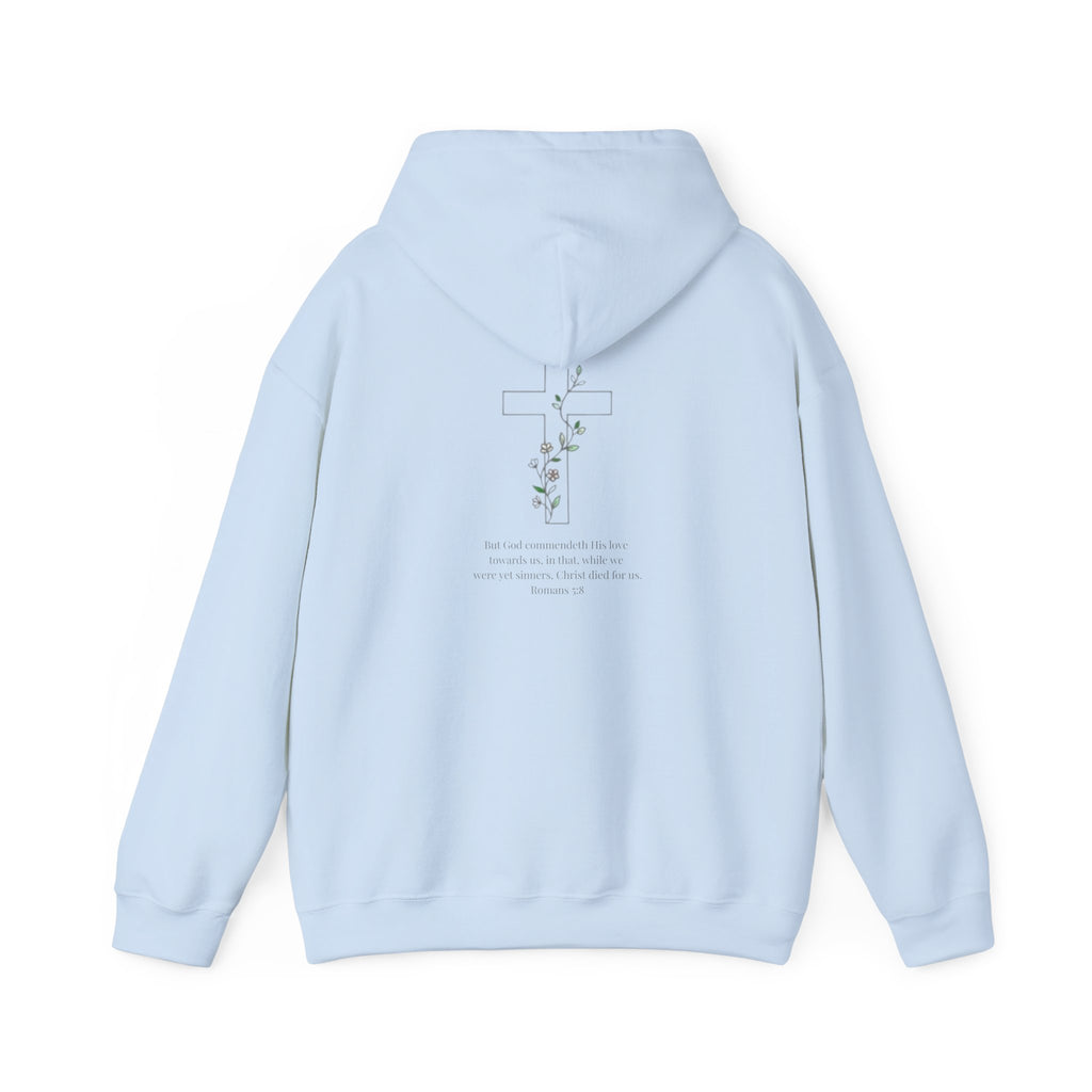 Romans 5:8 Cross and Vine Hoodie | Season1+ Christian Scripture Pullover | Christ Died For Us