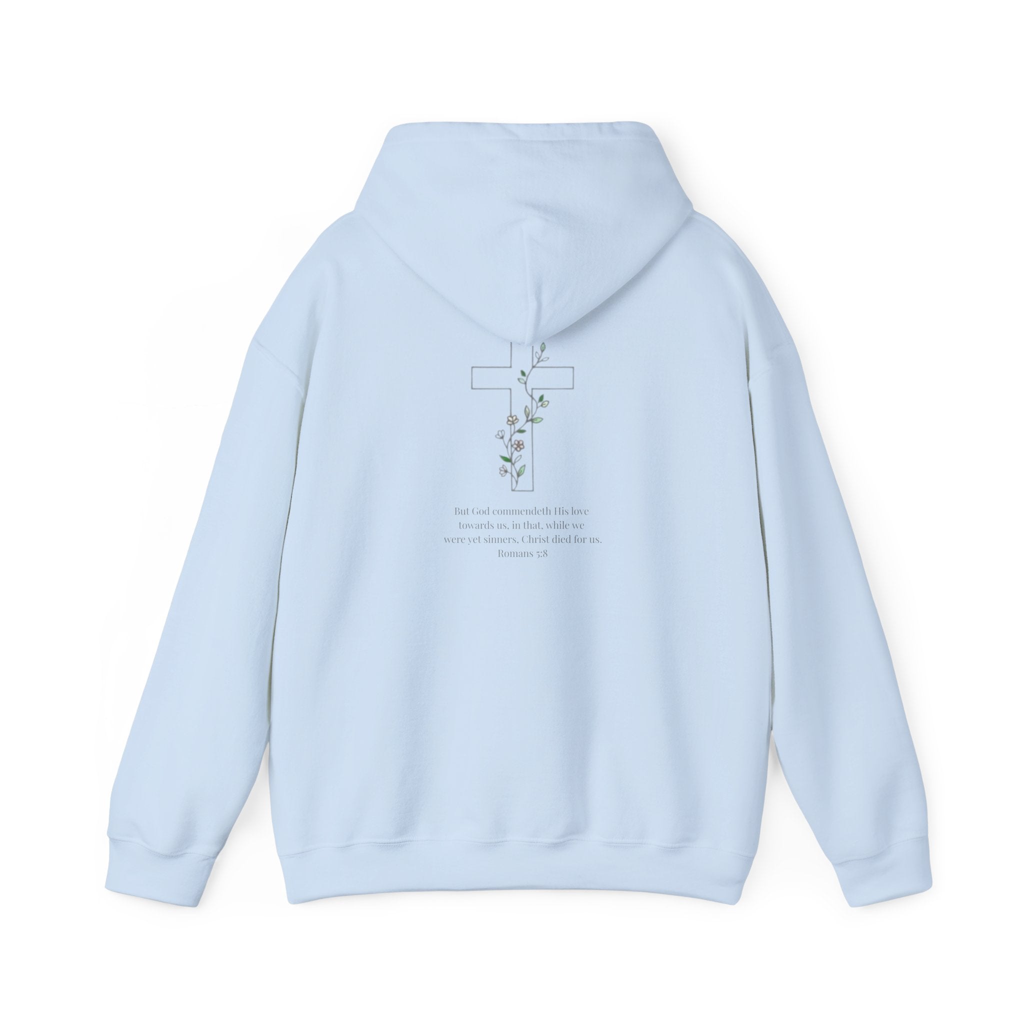 Romans 5:8 Cross and Vine Hoodie | Season1+ Christian Scripture Pullover | Christ Died For Us