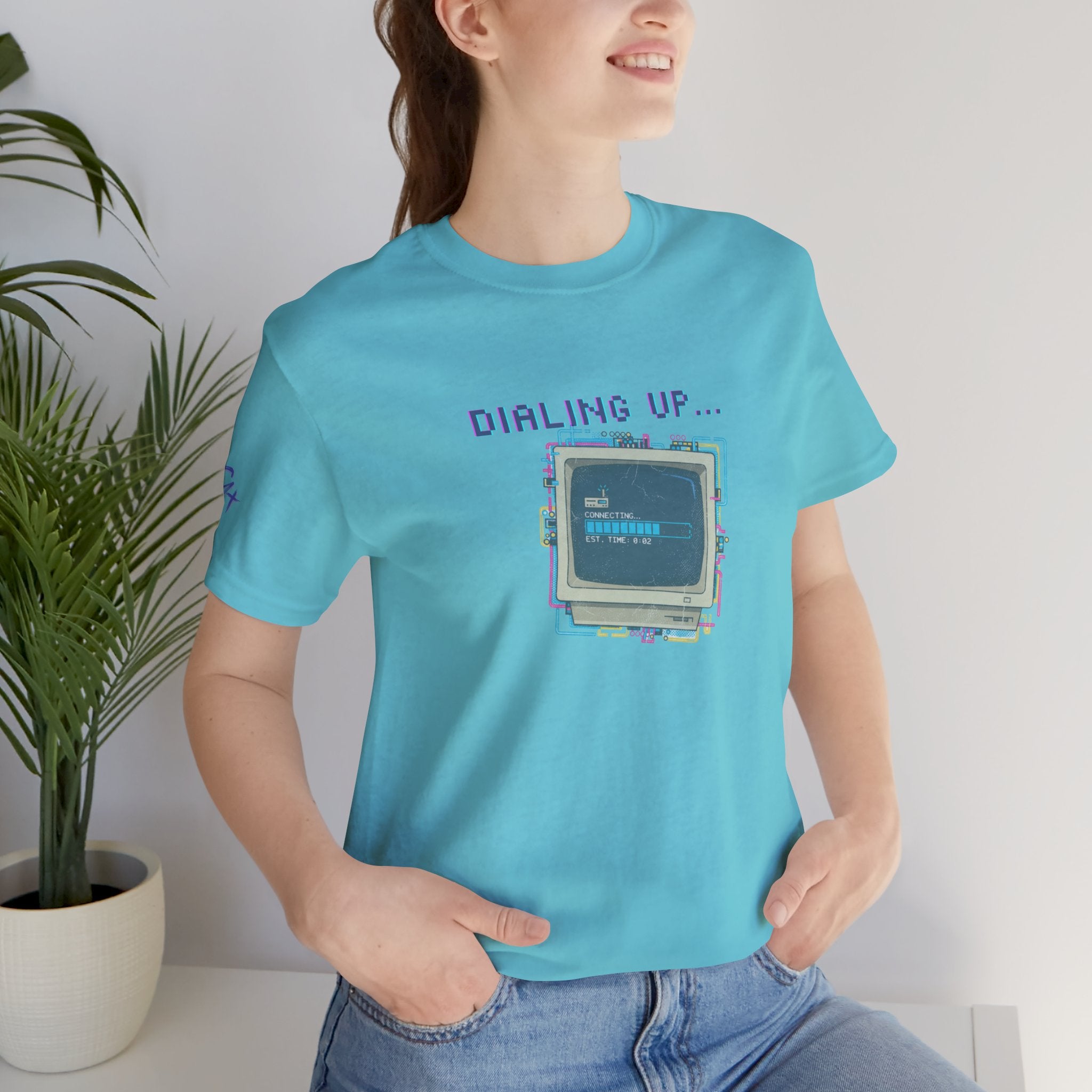 "Dialing Up..." Retro Computer T-Shirt | 90s PC Nostalgia Tee | Glitch Art Aesthetic Shirt | Branded s1+ Sleeve Logo