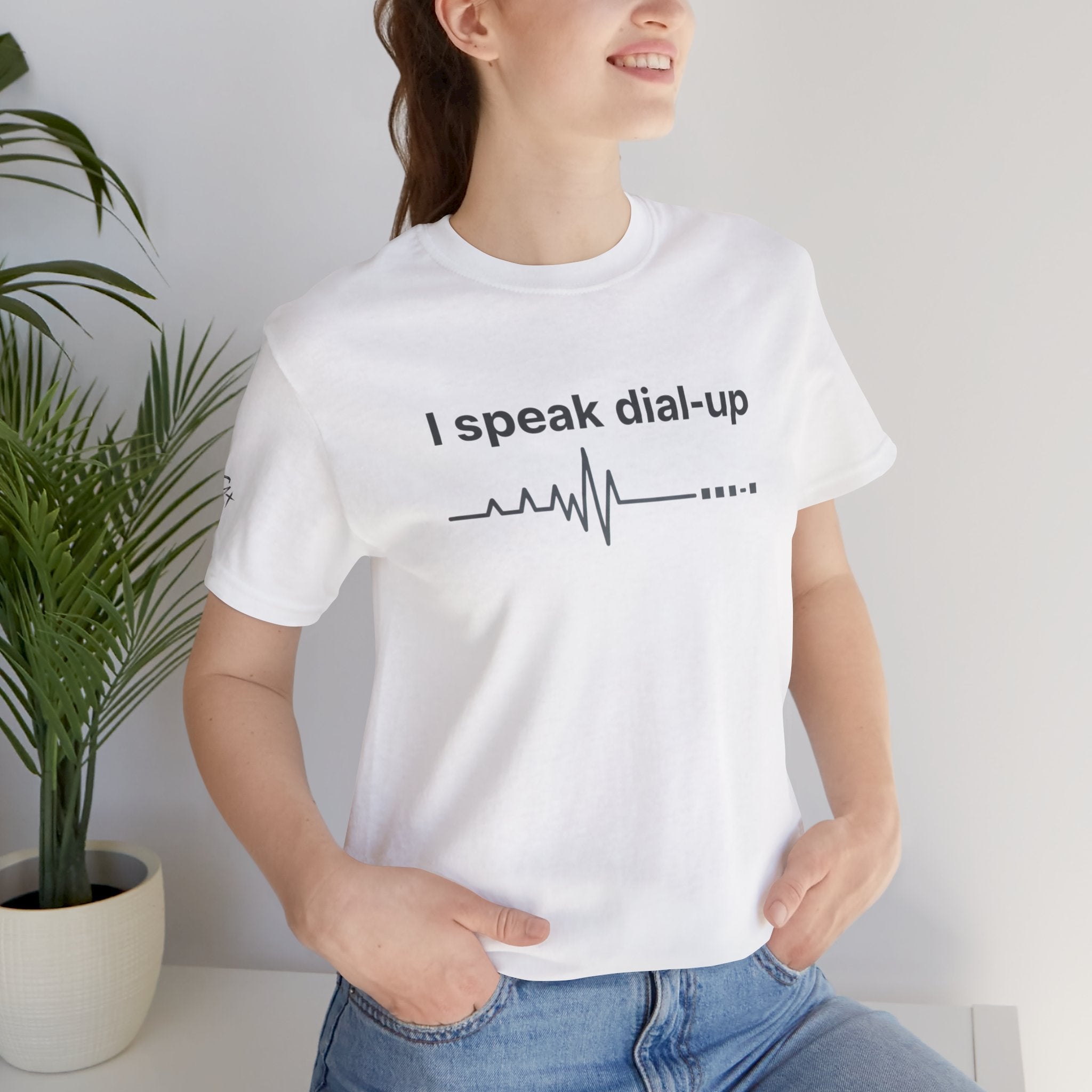 "I Speak Dial-Up" T-Shirt | Retro Tech Humor Tee | Nostalgia Computer Gift | Branded s1+ Sleeve Logo