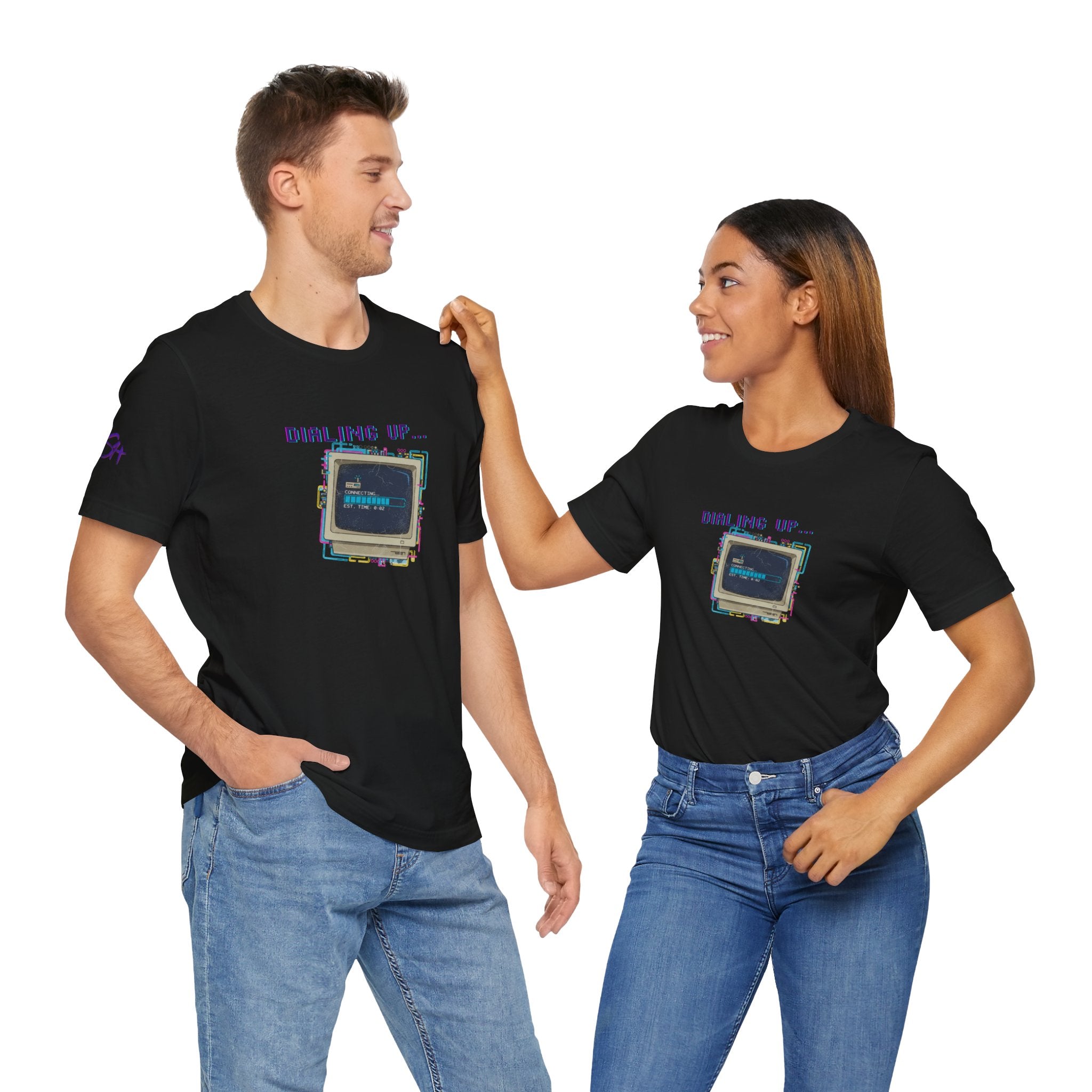 "Dialing Up..." Retro Computer T-Shirt | 90s PC Nostalgia Tee | Glitch Art Aesthetic Shirt | Branded s1+ Sleeve Logo