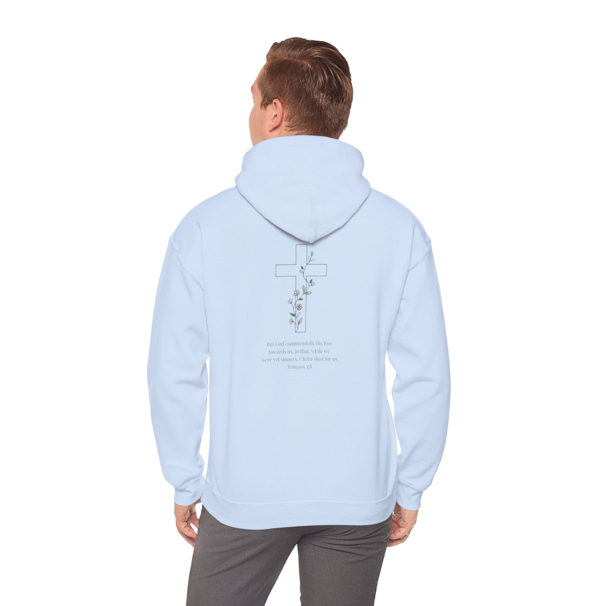 Romans 5:8 Cross and Vine Hoodie | Season1+ Christian Scripture Pullover | Christ Died For Us