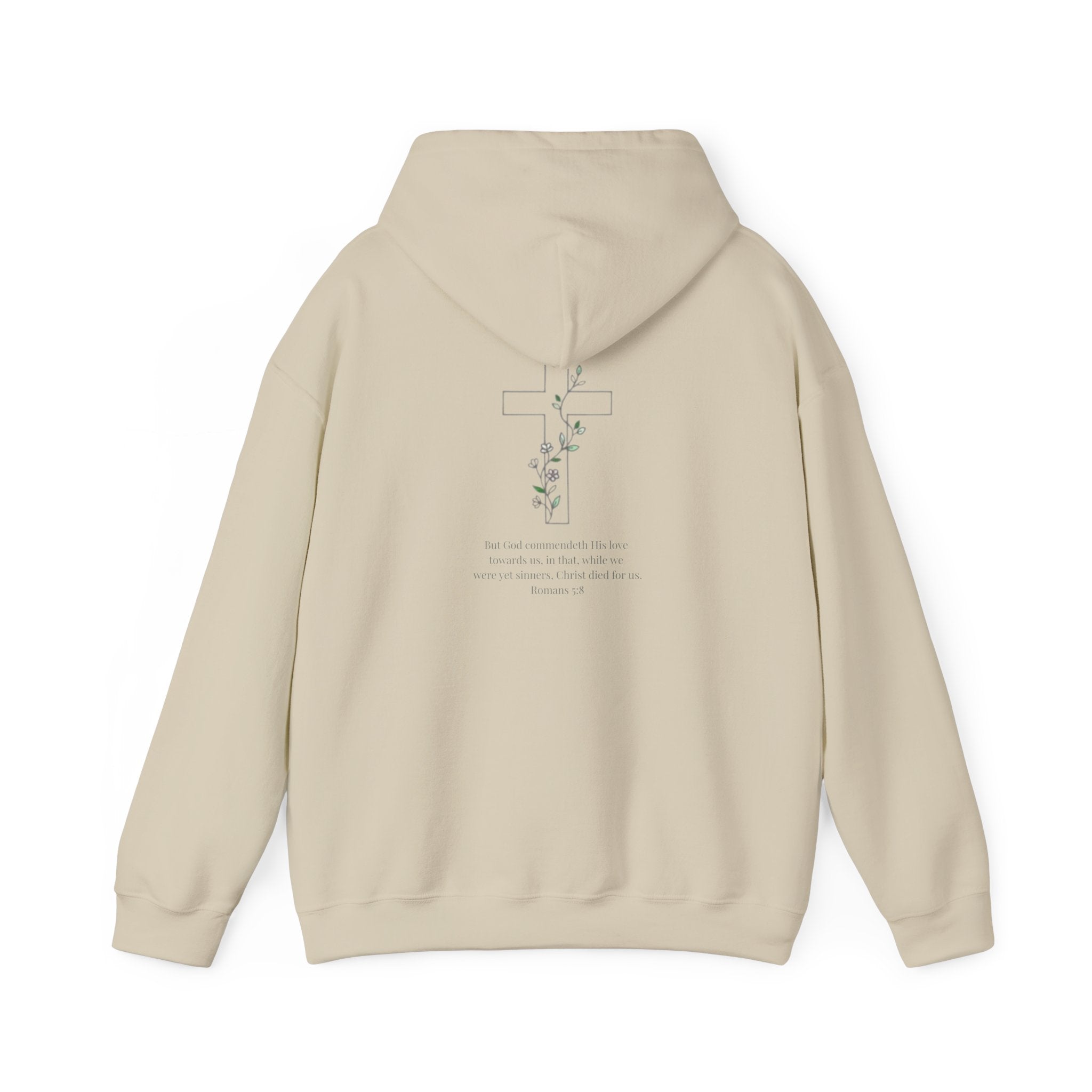 Romans 5:8 Cross and Vine Hoodie | Season1+ Christian Scripture Pullover | Christ Died For Us
