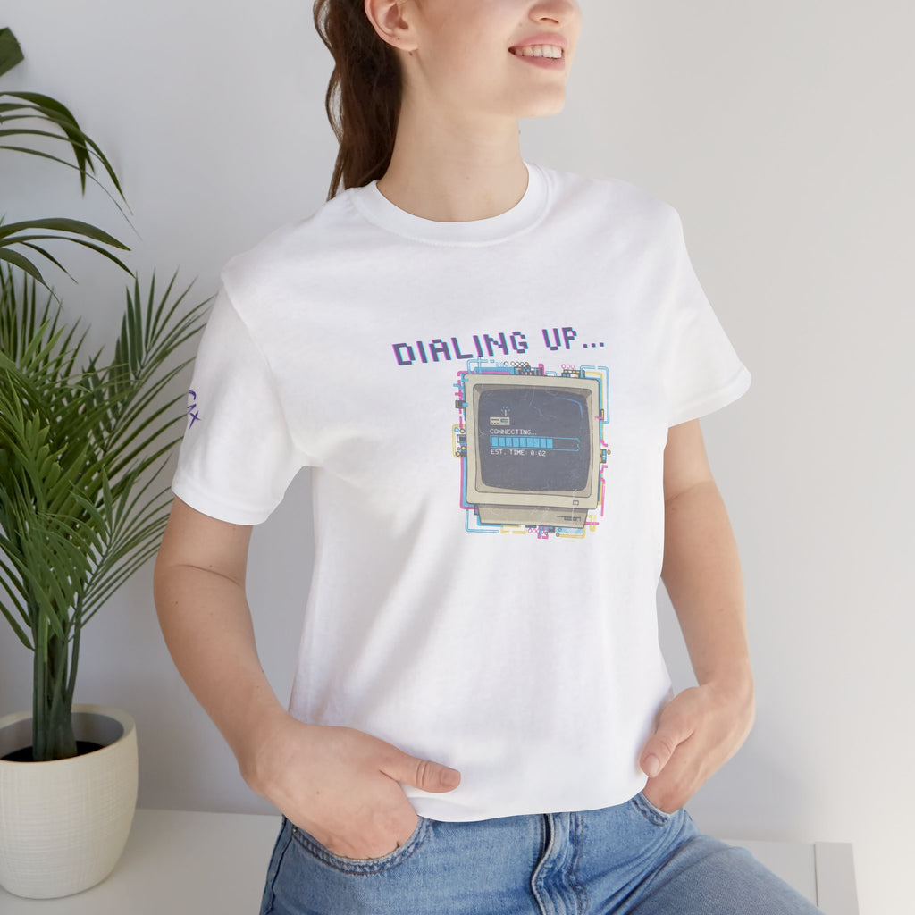 "Dialing Up..." Retro Computer T-Shirt | 90s PC Nostalgia Tee | Glitch Art Aesthetic Shirt | Branded s1+ Sleeve Logo
