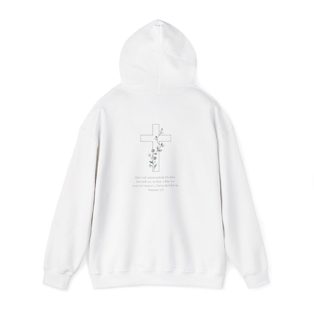 Romans 5:8 Cross and Vine Hoodie | Season1+ Christian Scripture Pullover | Christ Died For Us