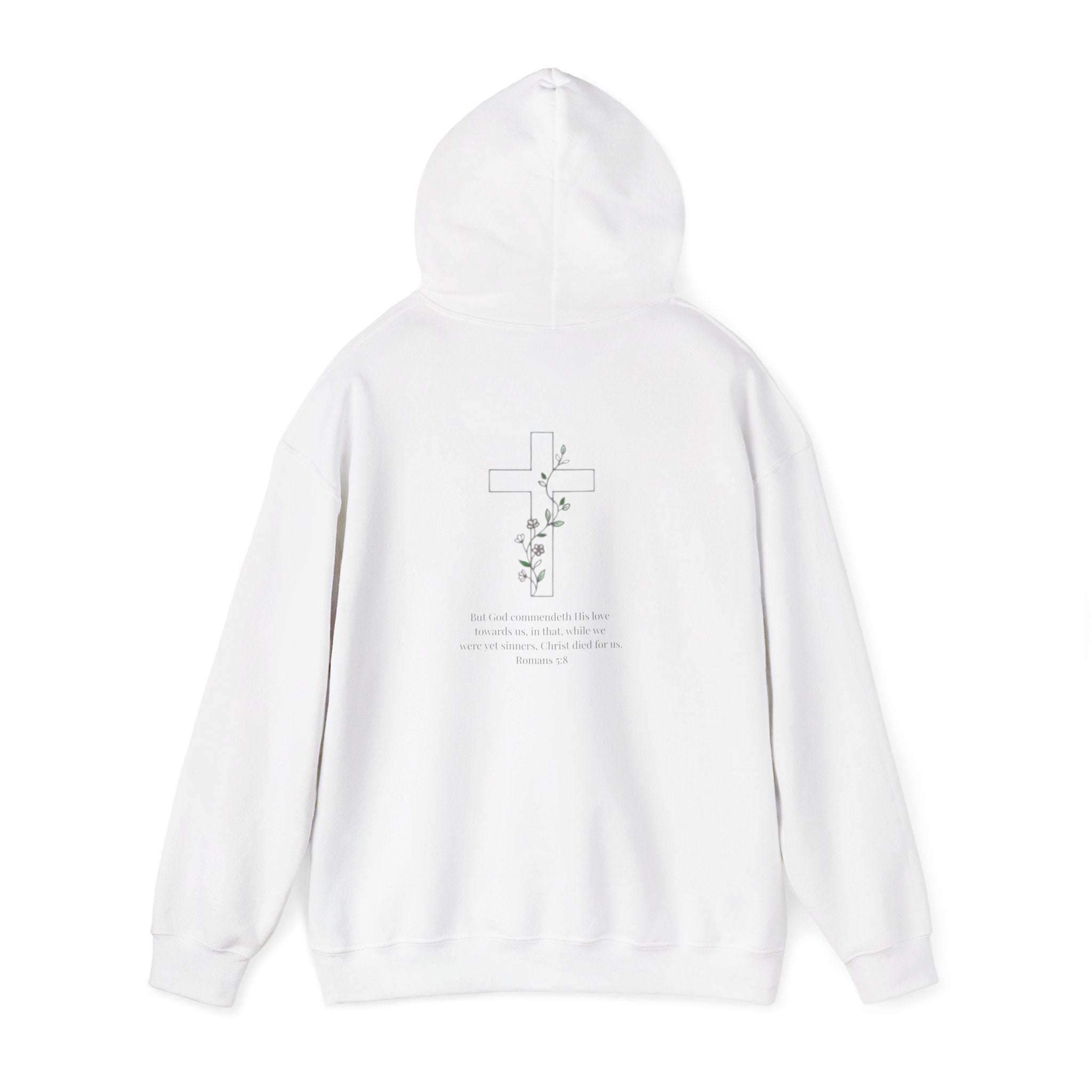 Romans 5:8 Cross and Vine Hoodie | Season1+ Christian Scripture Pullover | Christ Died For Us