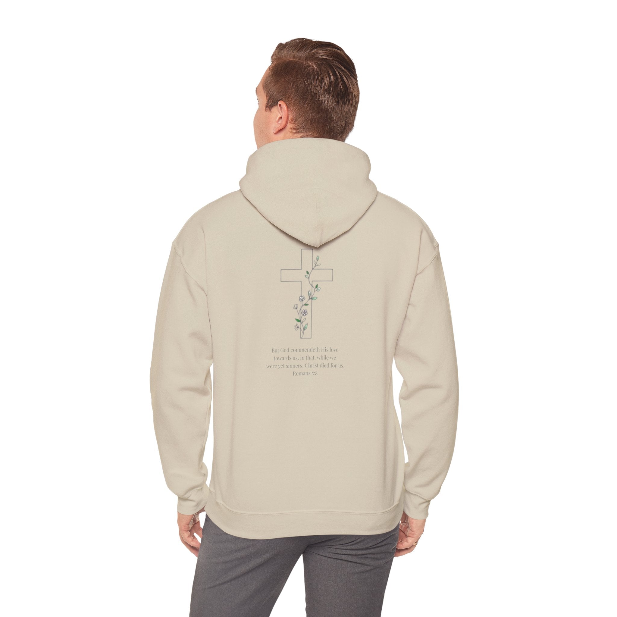Romans 5:8 Cross and Vine Hoodie | Season1+ Christian Scripture Pullover | Christ Died For Us