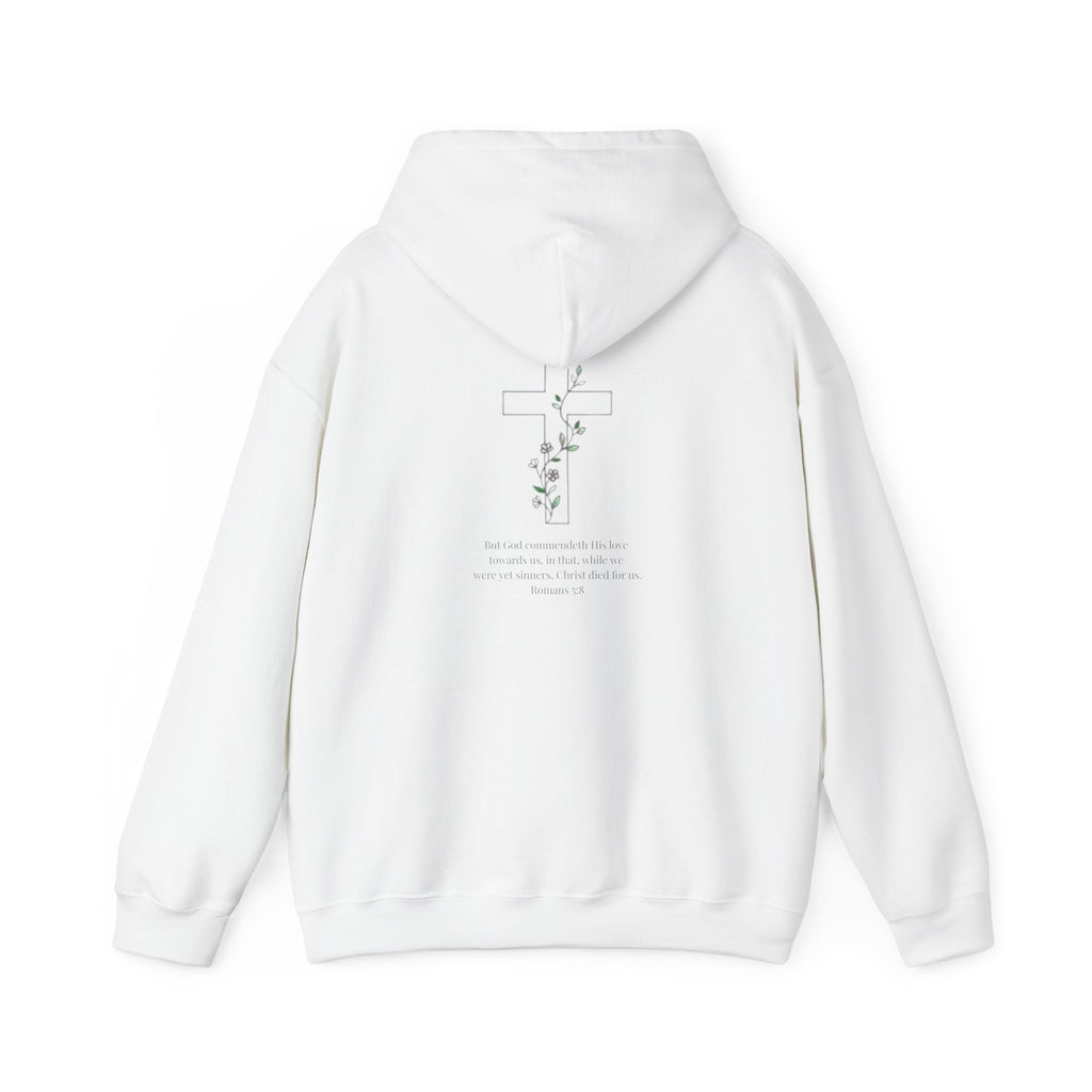 Romans 5:8 Cross and Vine Hoodie | Season1+ Christian Scripture Pullover | Christ Died For Us