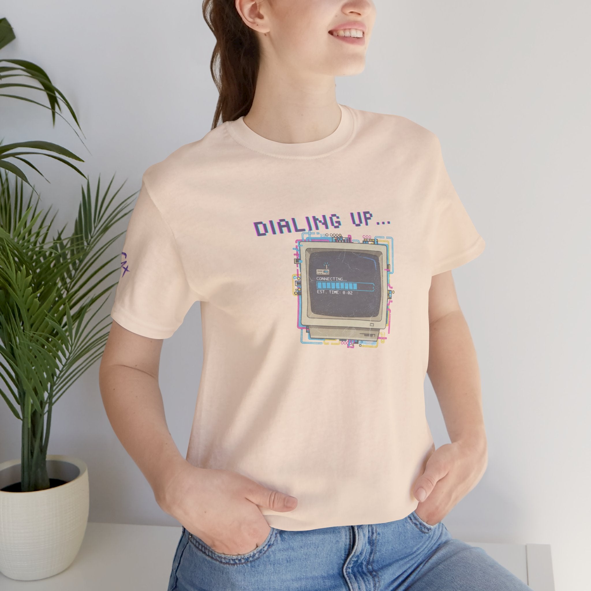 "Dialing Up..." Retro Computer T-Shirt | 90s PC Nostalgia Tee | Glitch Art Aesthetic Shirt | Branded s1+ Sleeve Logo