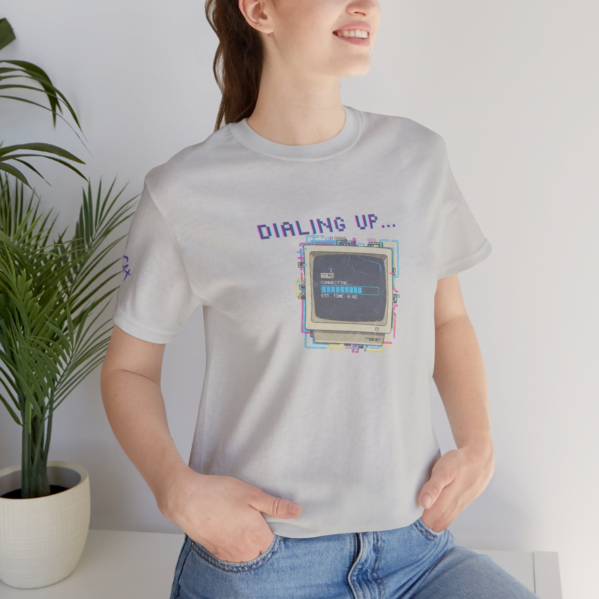 "Dialing Up..." Retro Computer T-Shirt | 90s PC Nostalgia Tee | Glitch Art Aesthetic Shirt | Branded s1+ Sleeve Logo