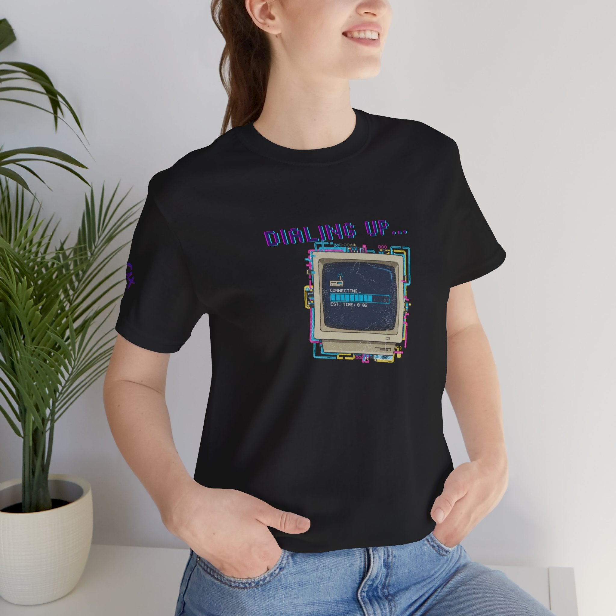 "Dialing Up..." Retro Computer T-Shirt | 90s PC Nostalgia Tee | Glitch Art Aesthetic Shirt | Branded s1+ Sleeve Logo
