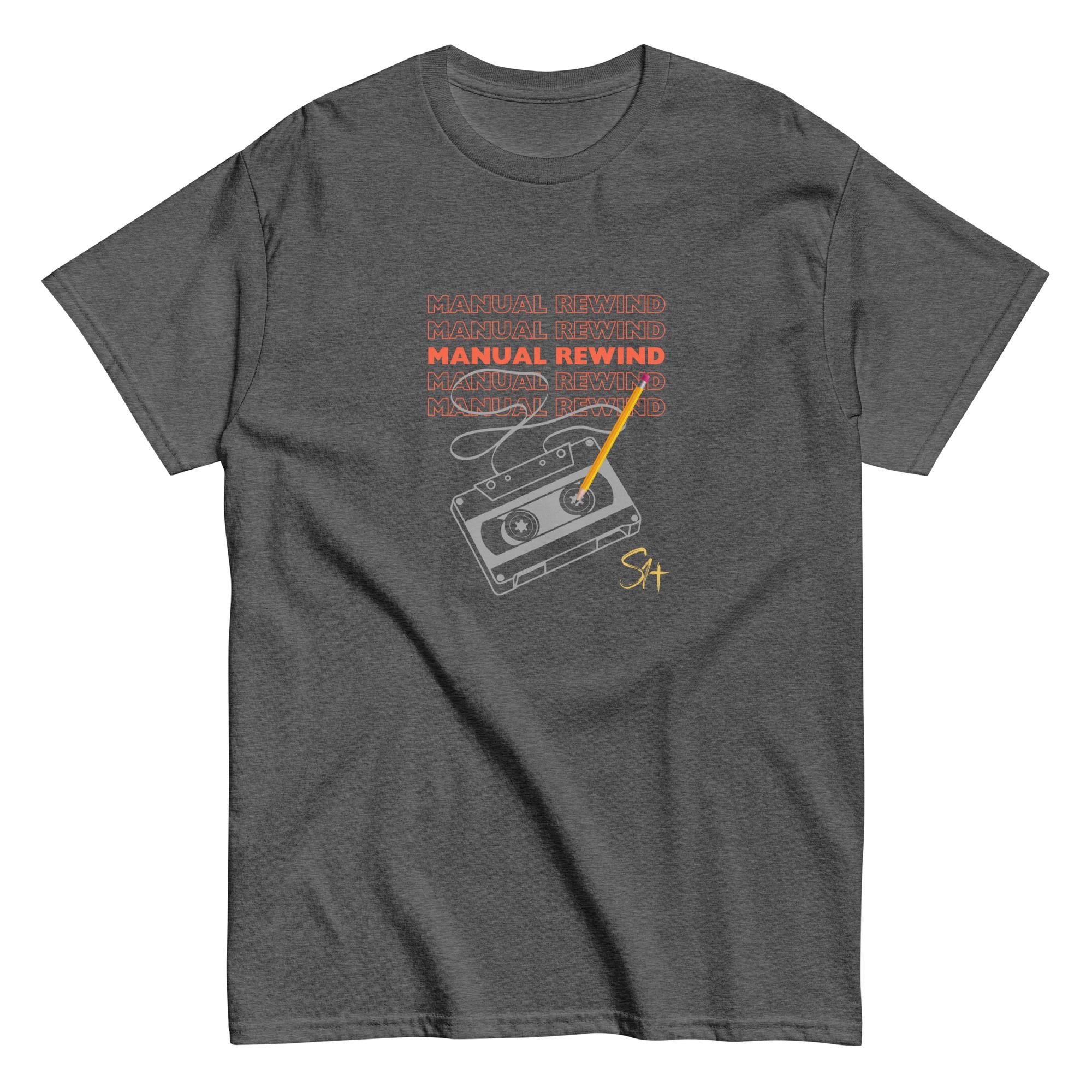 Manual Rewind T-Shirt | Cassette Tape & Pencil Nostalgia Tee | Powered By No. 2 Back Print | Bella Canvas 3001 | Season1+